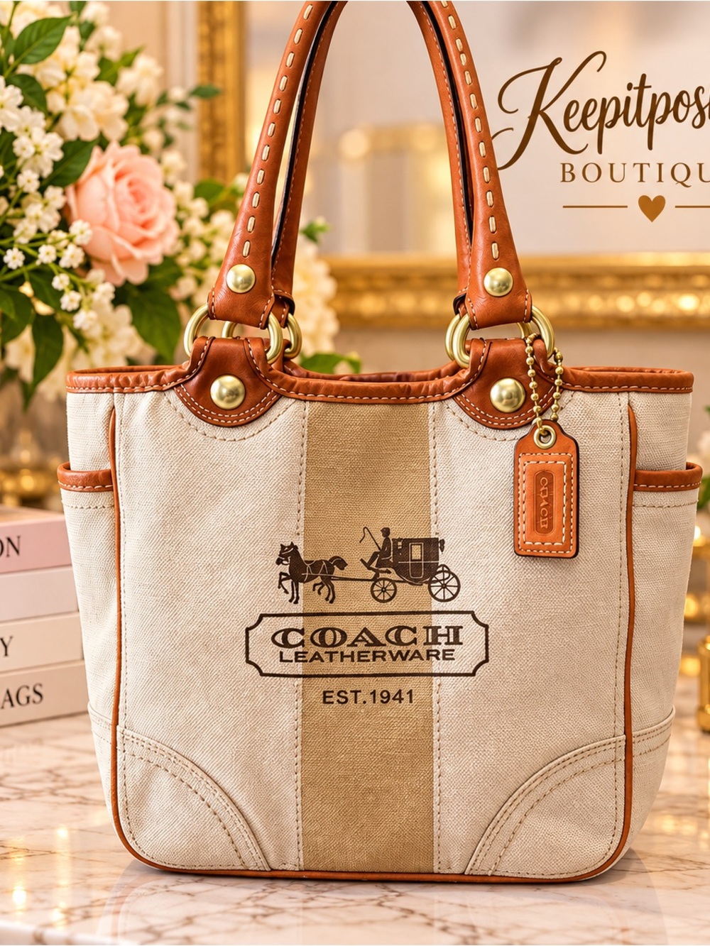 Coach 2007 Canvas and Leather Tote Bag in Beige and Brown and tattersall inside